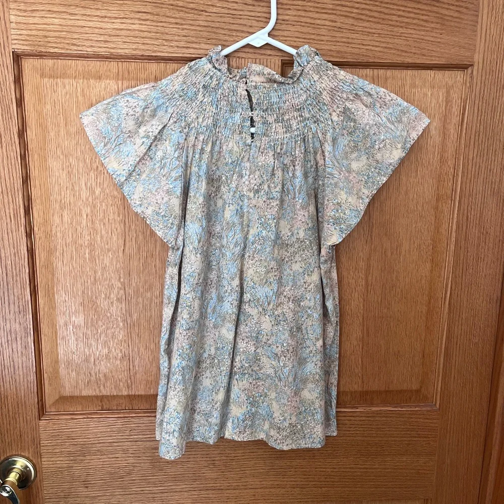 Moodie cotton Smocked Neck Flutter Sleeve Dress - Light Blue & Cream Floral - Picture 4 of 5